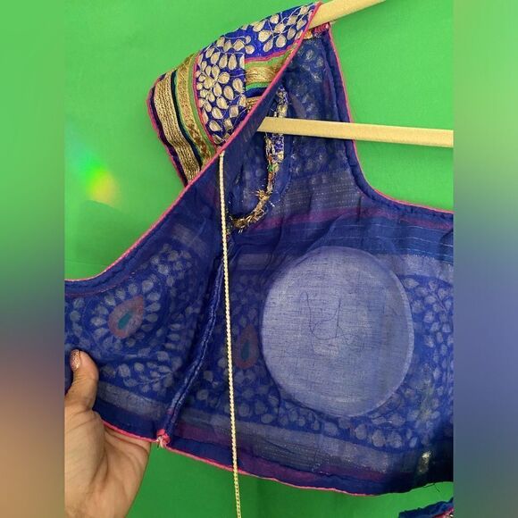 HANDMADE Authentic Embroidered U Neck Blue & Gold Saree Choli Bollywood Small - Picture 8 of 16